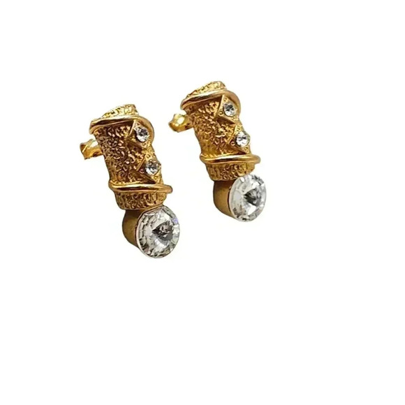 High End Runway 1980s Clear Rhinestone Crystal Earrings Gold Tone Vintage - Picture 2 of 5
